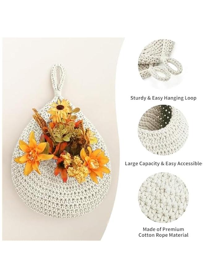 HOOKOR Hanging Fruit Baskets for Kitchen, 3 Pack Boho Wall Hanging Fruit Baskets for Kitchen with 6 Pcs Strong Hooks, Vegetable Hanging Basket for Organizing Teardrop Home Wall Potato Onion (White) - Image 2