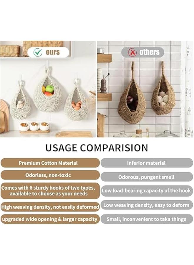HOOKOR Hanging Fruit Baskets for Kitchen, 3 Pack Boho Wall Hanging Fruit Baskets for Kitchen with 6 Pcs Strong Hooks, Vegetable Hanging Basket for Organizing Teardrop Home Wall Potato Onion (White) - Image 3