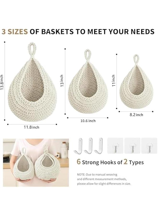 HOOKOR Hanging Fruit Baskets for Kitchen, 3 Pack Boho Wall Hanging Fruit Baskets for Kitchen with 6 Pcs Strong Hooks, Vegetable Hanging Basket for Organizing Teardrop Home Wall Potato Onion (White) - Image 4