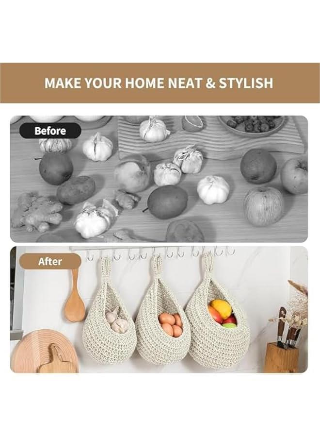 HOOKOR Hanging Fruit Baskets for Kitchen, 3 Pack Boho Wall Hanging Fruit Baskets for Kitchen with 6 Pcs Strong Hooks, Vegetable Hanging Basket for Organizing Teardrop Home Wall Potato Onion (White) - Image 5