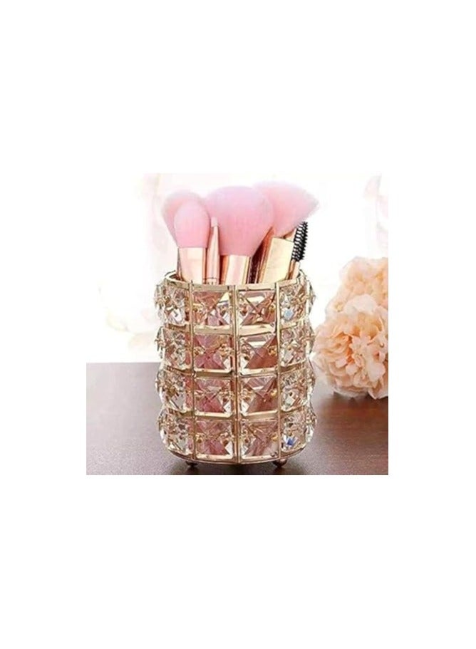 علبة مكياج معدنية أسطوانية بتصميم أوروبي مزين بكريستالات لامعة لفرش الحواجب وأقلام الحواجب وأدوات المكياج وحامل تخزين أنيق للمجوهرات - Image 4