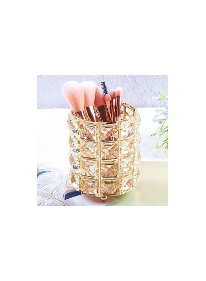 علبة مكياج معدنية أسطوانية بتصميم أوروبي مزين بكريستالات لامعة لفرش الحواجب وأقلام الحواجب وأدوات المكياج وحامل تخزين أنيق للمجوهرات - Image 2