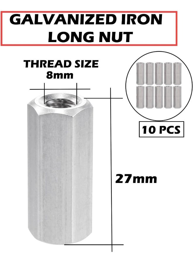 Poaker Galvanized Iron Threaded Long Nut Hexagonal Sleeve Coupling For Bolts Rods Studs And Screws Corrosion-Resistant Ideal For Industrial And Construction Use 8Mm 10 Pcs  - Image 2