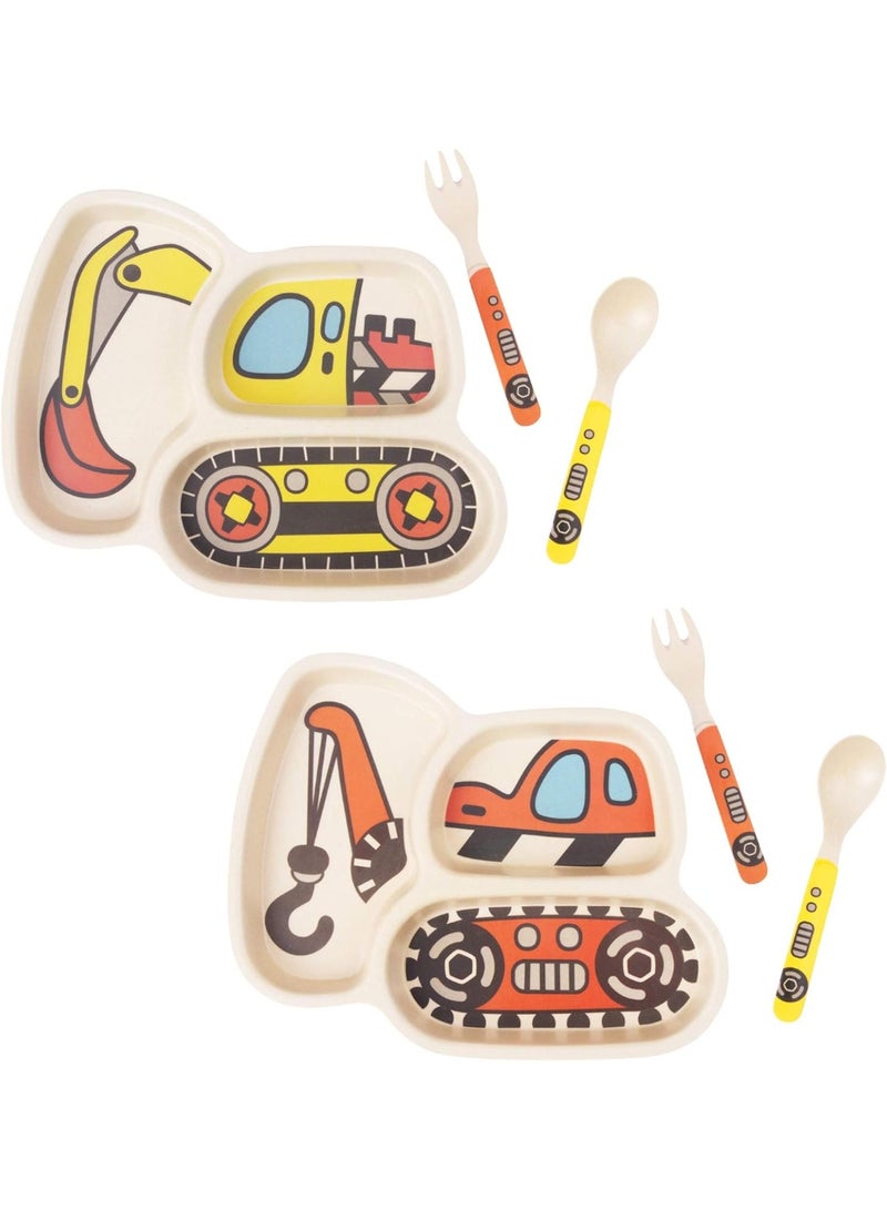 Lightening Kid Plate Set Toddler Plates Dinnerware Dinner Dish Set Baby Feeding Spill Proof Divided Plate - Baby Spoon and fork 3-Piece Set Teaches Child Portion Control (excavator/crane) - Image 1