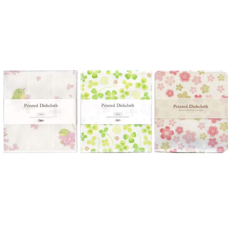 Nawrap Printed Dishcloths Set of 3  Japanese White-Eye + Clover + Flower - Image 1