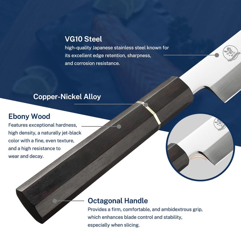 Gourmetop Japanese Sashimi Knife Sushi Knife 10 Inch, Japanese VG10 Yanagiba Chef Knife for Sashimi & Salmon with Ebony Wood Octagonal Handle - Image 4