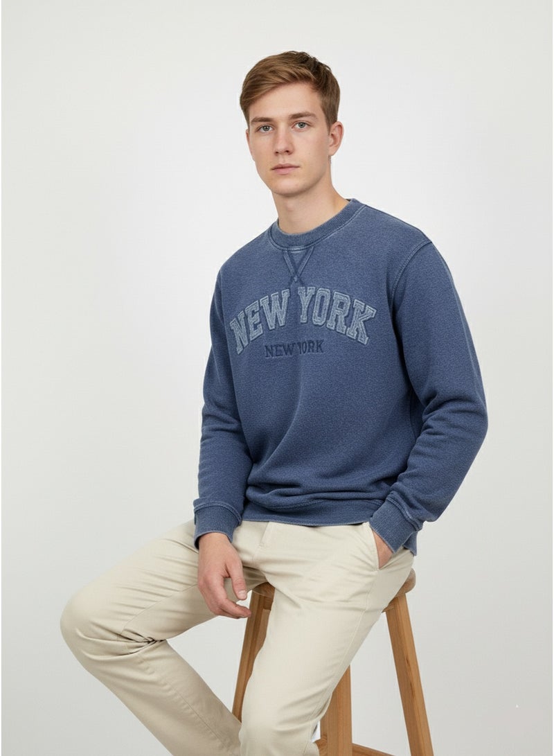 Torkia Men’s Blue Regular Fit New York Printed Sweatshirt – Cotton Blend Crew Neck Pullover, Casual Streetwear Style - Image 3