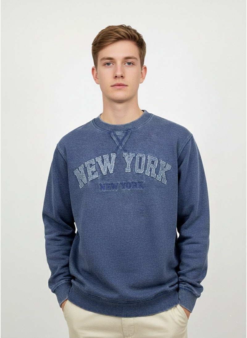 Torkia Men’s Blue Regular Fit New York Printed Sweatshirt – Cotton Blend Crew Neck Pullover, Casual Streetwear Style - Image 1