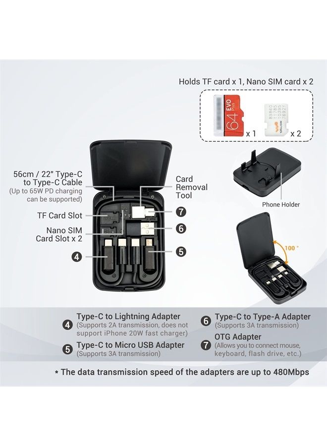 Kiorafoto Multi-Functional Compact Cable Card with 22" USB-C Cable & USB-A/Micro-USB/Light/OTG USB Adapter Kit Cable Convertor Storage Box for Traveling Phone Pad Charging PC Computer Data Transfer - Image 2