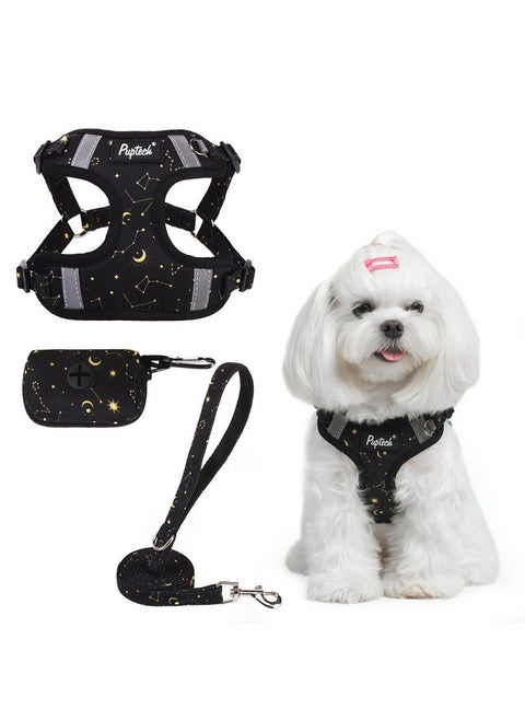 PUPTECK No Pull Dog Harness and Leash Set Reflective No Choke Step in Puppy Halter for XS Small and Medium Sized Dogs, Black, Printed Fabric, XS