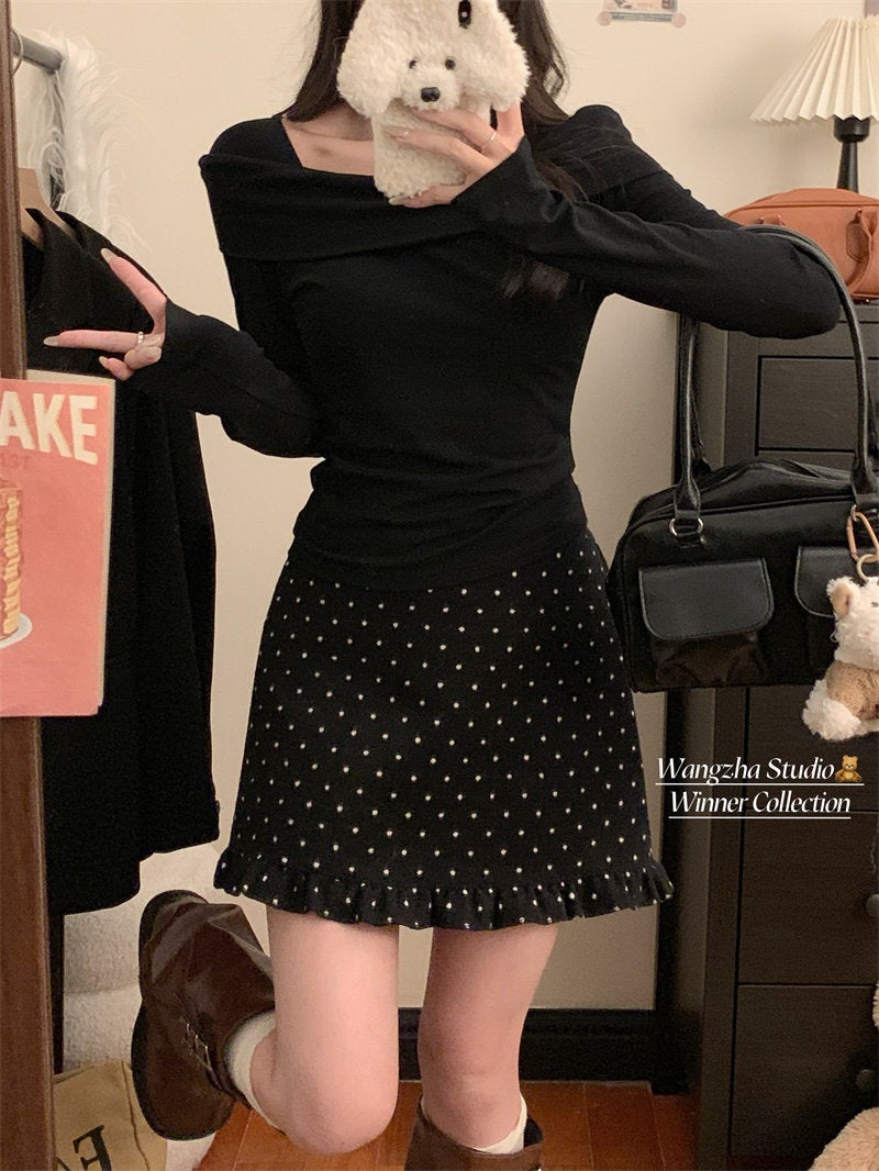 Autumn and winter gray polka dot woolen skirt, fat mm, slimming, elastic waist, hip wrap, fishtail skirt, black ear edge, anti-aging short skirt - Image 2