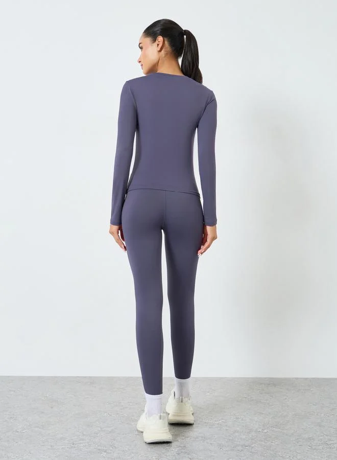 Styli Active Purple Women Stitch Detail Long Sleeve Top with Leggings Set for Women | Best Price UAE