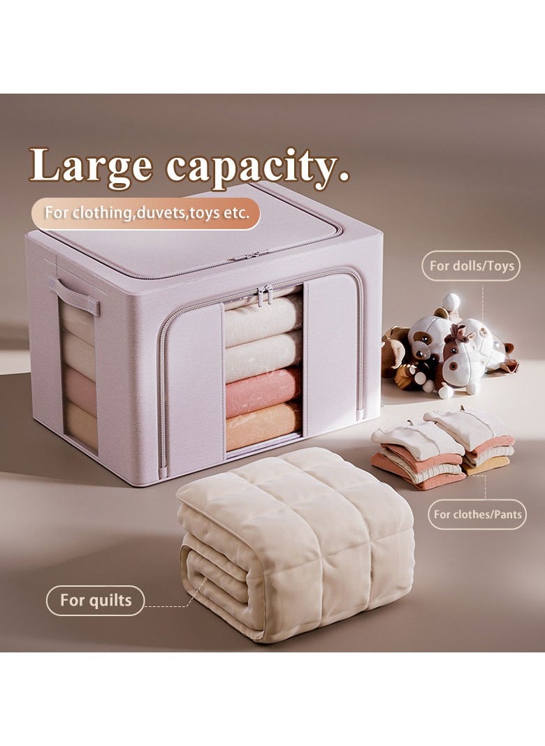 Light pink 66L Foldable Storage Box with Clear Windows - Polyester Fabric, Steel Frame Support, and Dual Zippers - Durable, Space-Saving Design with Handles for Easy Carrying