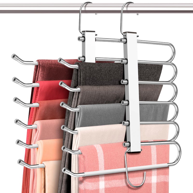 Huitem Space Saving 6 Tier Pant Hangers  Anti-Slip  Lightweight  Stainless Steel  2 Pack  White - Image 1