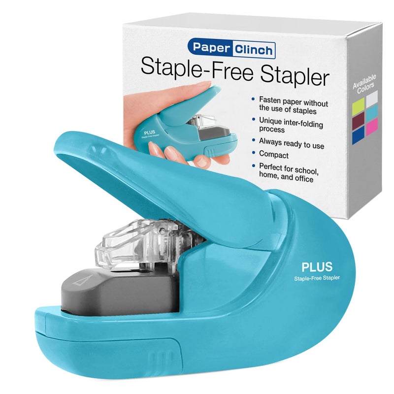 Plus Paper Clinch Compact Staple-Free Stapler, Blue Turquoise - Image 1