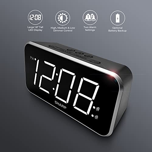 Sharp Alarm Clock Jumbo Easy to Read Display – 3 Step Dimmer Control – Dual Alarms, Battery Back-up, Black with White LED - Image 2