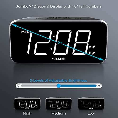 Sharp Alarm Clock Jumbo Easy to Read Display – 3 Step Dimmer Control – Dual Alarms, Battery Back-up, Black with White LED - Image 4
