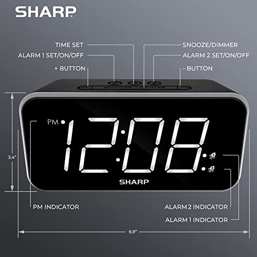 Sharp Alarm Clock Jumbo Easy to Read Display – 3 Step Dimmer Control – Dual Alarms, Battery Back-up, Black with White LED - Image 3