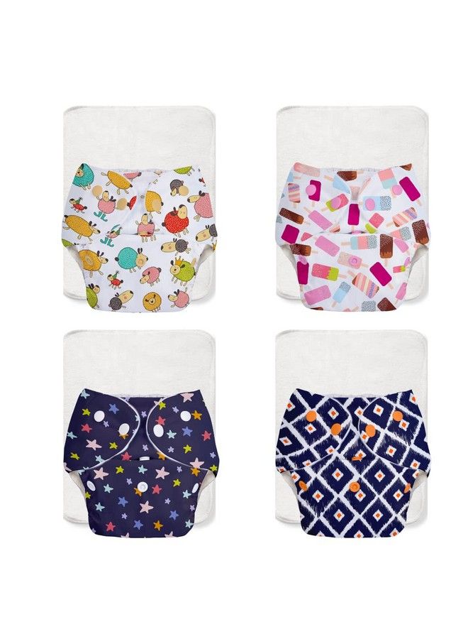 Superbottoms Basic Easypack Of 8 ;4 Cloth Diapers+ 4 Insertsfreesize Adjustable & Reusable Cloth Diaper For Babies 03 Years ; With Quick Drying Prefold Style Soakerassorted (1) Print May Vary - Image 1
