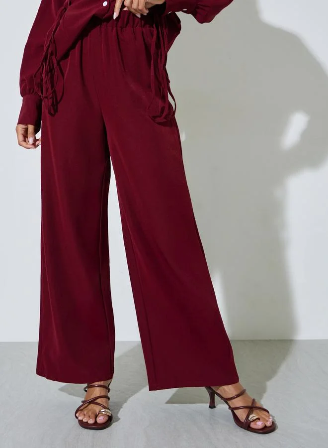 Styli  Burgundy Solid Long Sleeves Shirt and Pants Co-Ords for Women | Best Price UAE