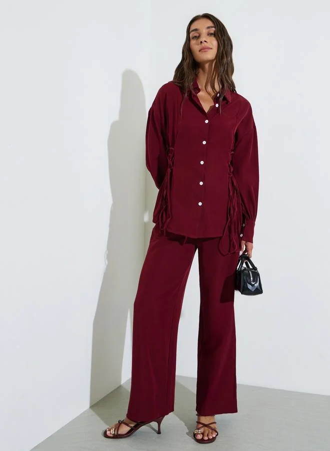 Styli Burgundy Solid Long Sleeves Shirt and Pants Co-Ords