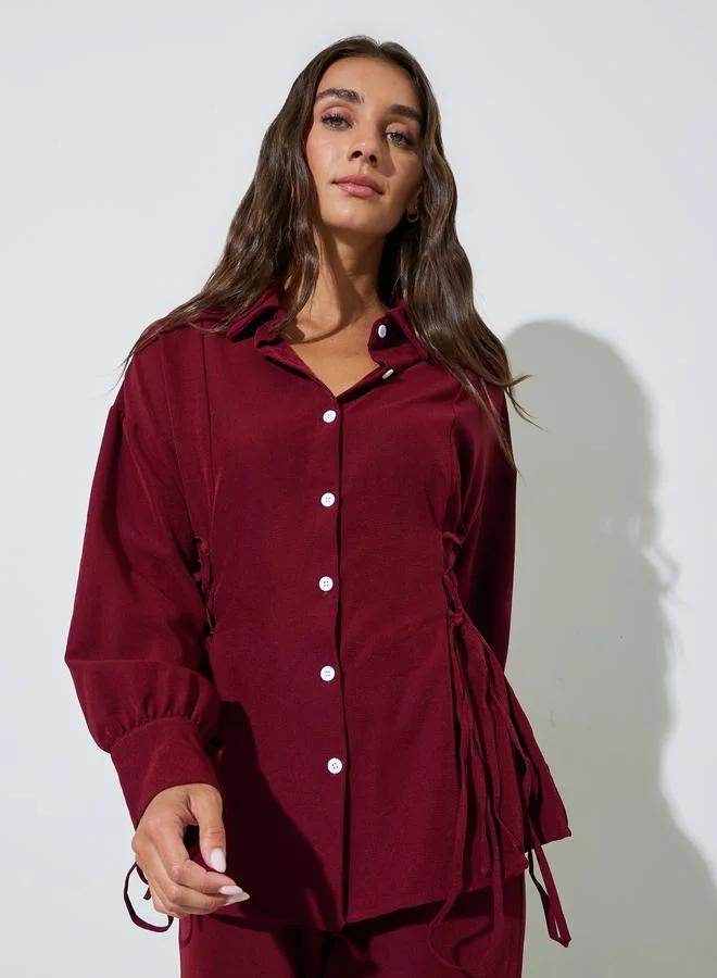 Styli Burgundy Solid Long Sleeves Shirt and Pants Co-Ords