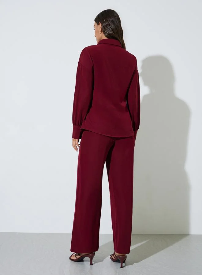 Styli  Burgundy Solid Long Sleeves Shirt and Pants Co-Ords for Women | Best Price UAE