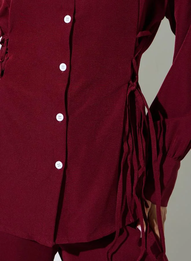Styli  Burgundy Solid Long Sleeves Shirt and Pants Co-Ords for Women | Best Price UAE