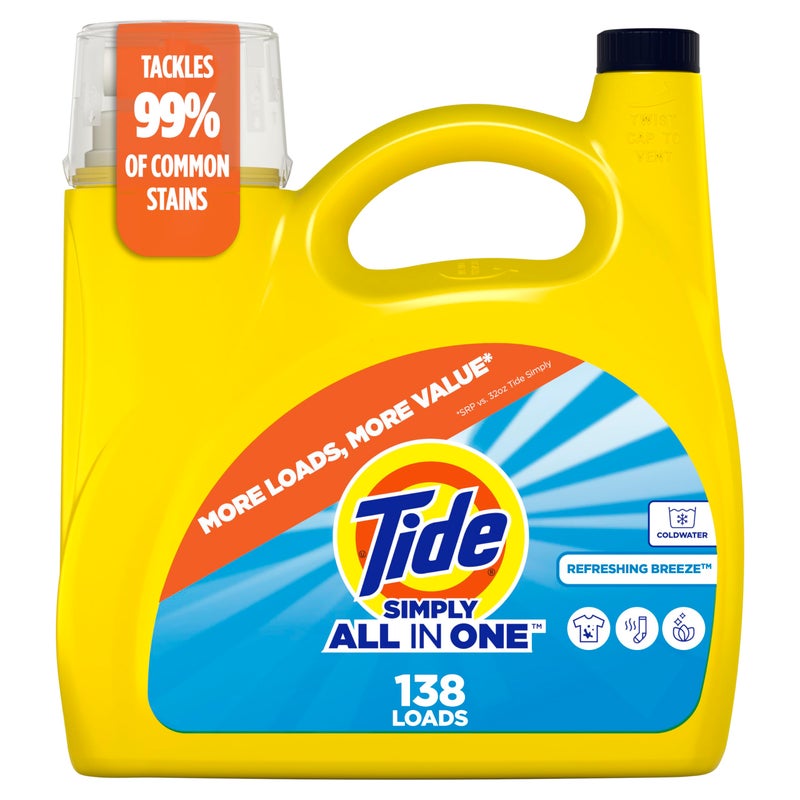 Tide Simply Liquid Laundry Detergent, Refreshing Breeze Scent, 138 Loads, 182 fl oz, All-In-One Detergent - Image 1