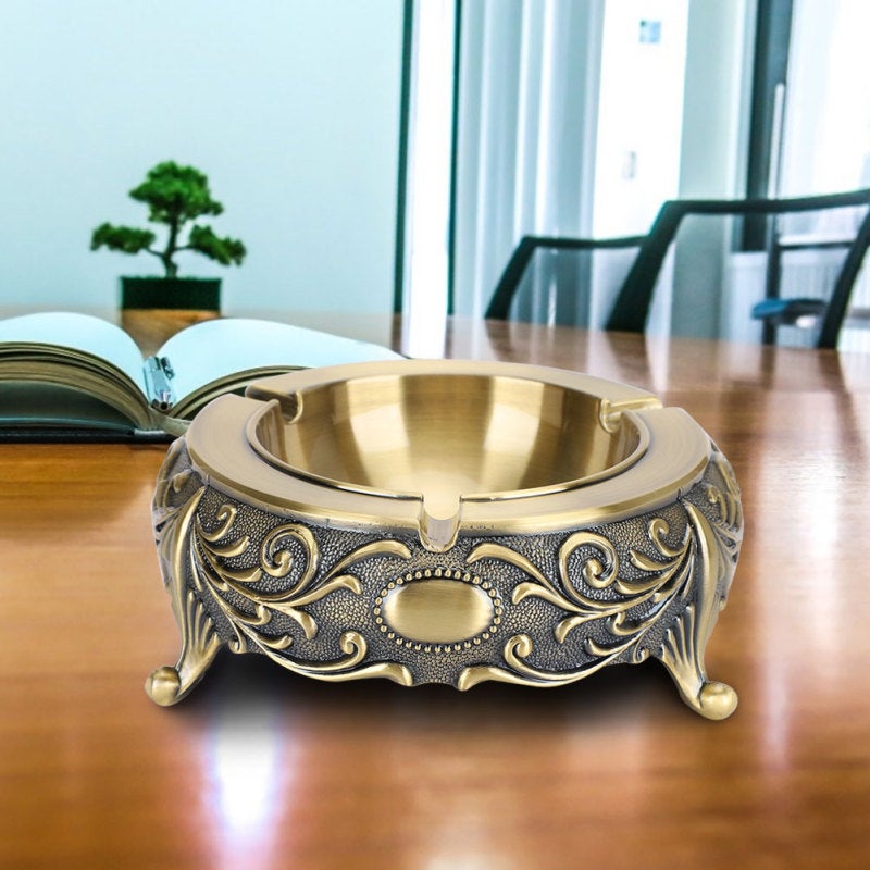 Retro Ashtray Handmade Alloy Hollow Bottom Antique Decoration - Exquisite Relief Design Smoking Accessories for Home Office Decor - Image 4
