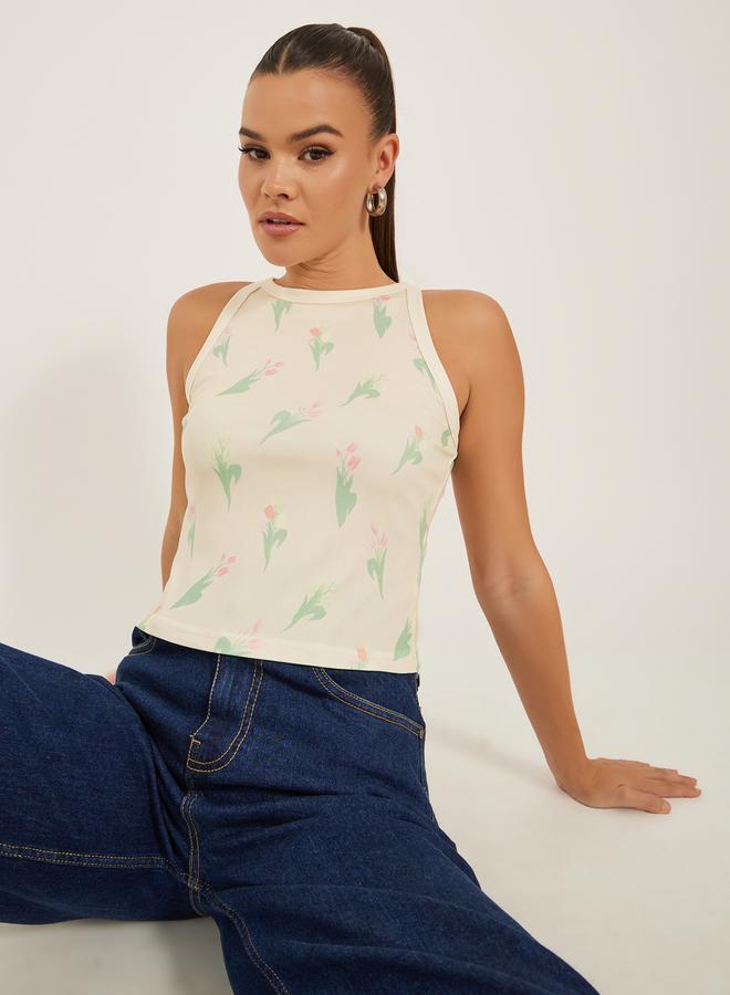 Styli Ribbed Floral Print Halter Neck Tank T-Shirt  - Image 1