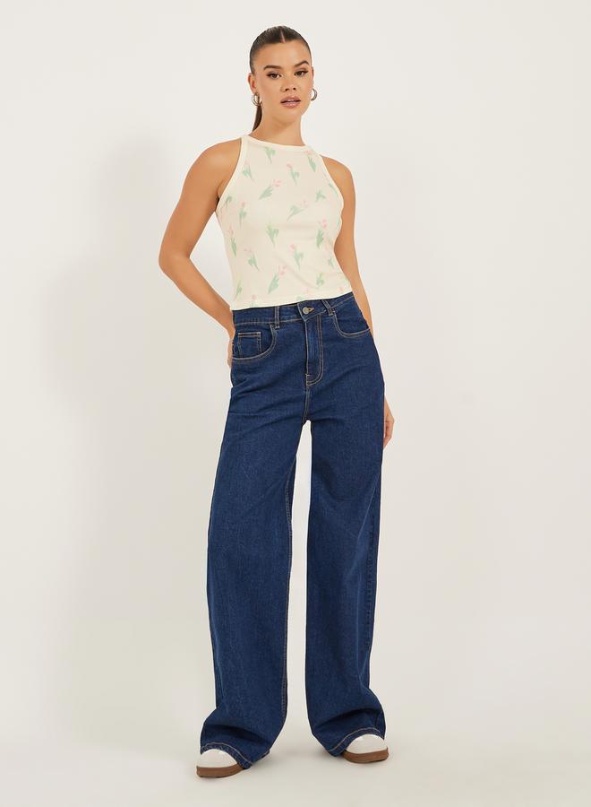 Styli Ribbed Floral Print Halter Neck Tank T-Shirt  - Image 2