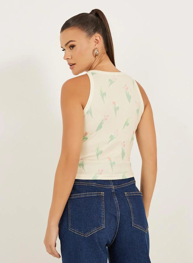 Styli Ribbed Floral Print Halter Neck Tank T-Shirt