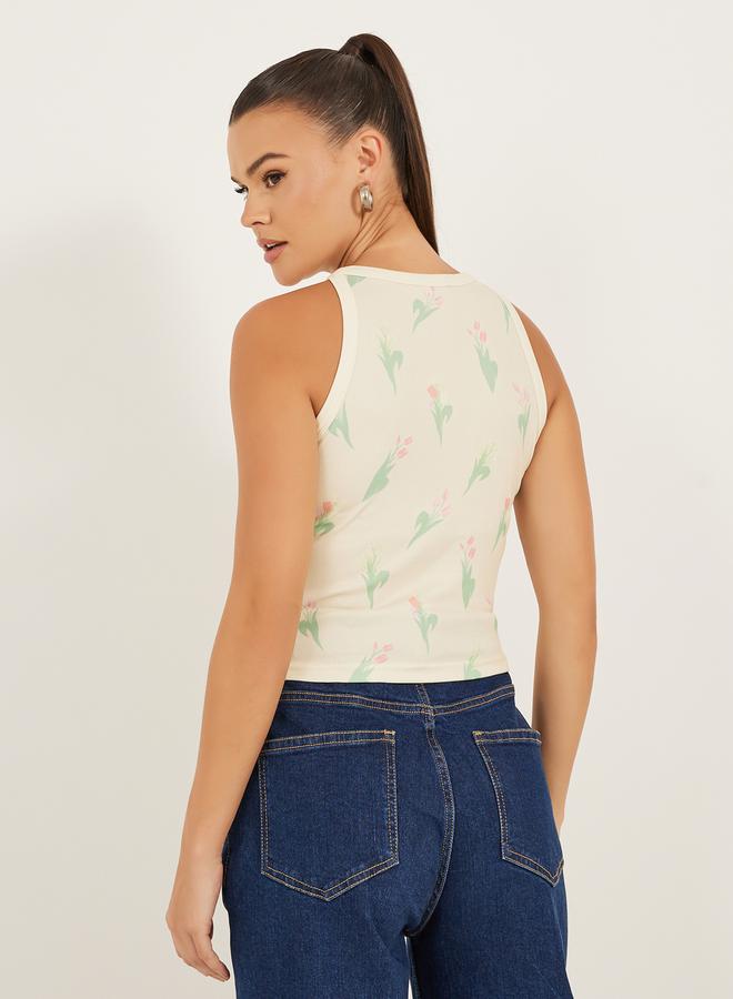 Styli Ribbed Floral Print Halter Neck Tank T-Shirt  - Image 5