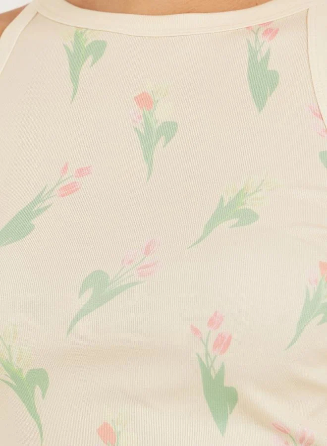 Styli Ribbed Floral Print Halter Neck Tank T-Shirt