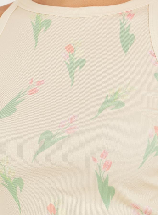 Styli Ribbed Floral Print Halter Neck Tank T-Shirt  - Image 4