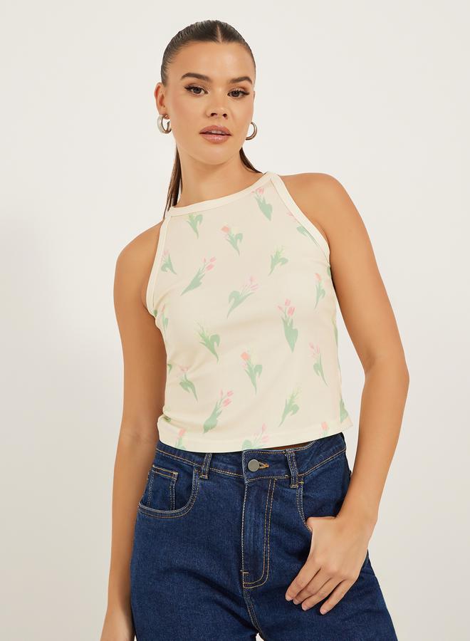 Styli Ribbed Floral Print Halter Neck Tank T-Shirt  - Image 3