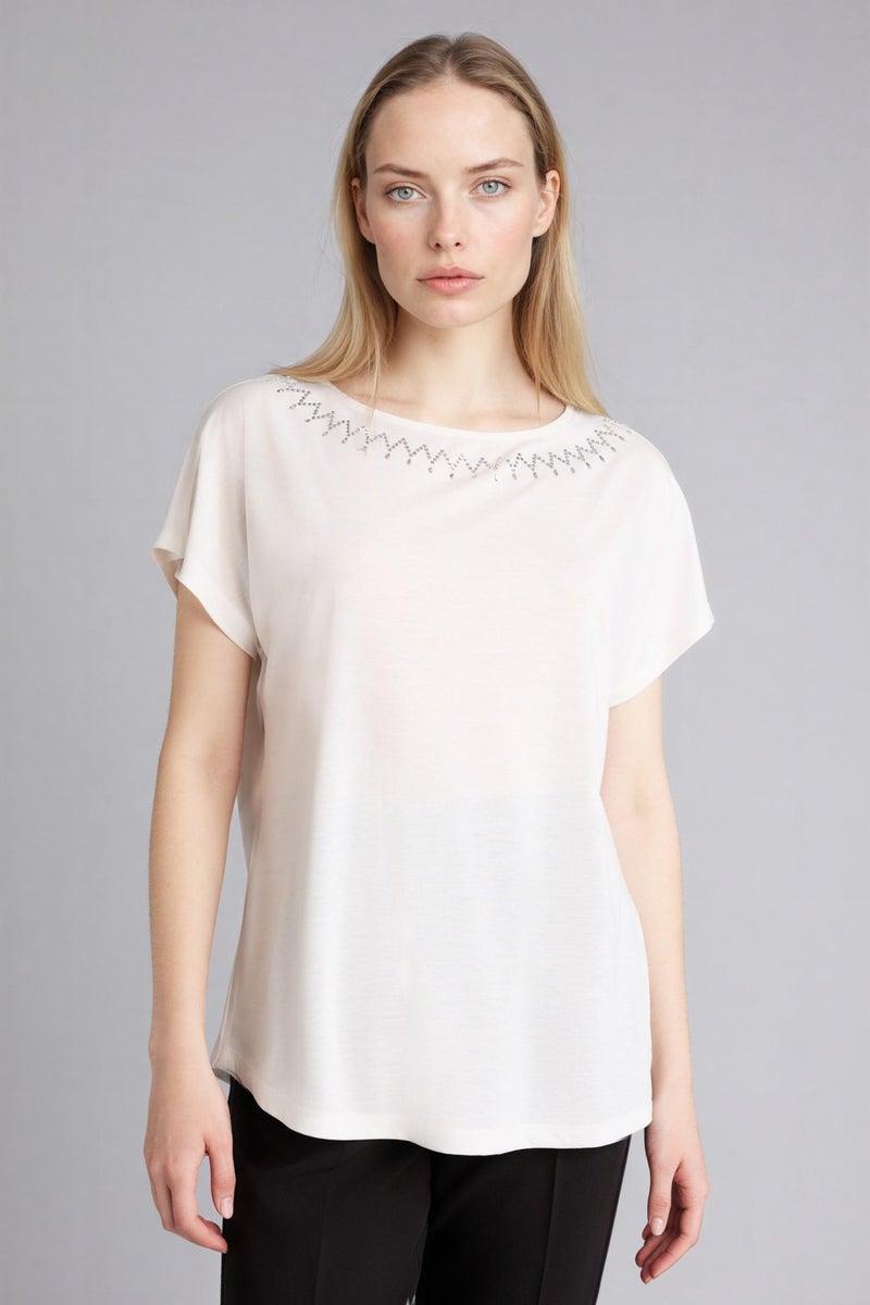 DeFacto White Woman Boat Neck Stone Print Short Sleeve T-Shirt Casual - Image 3