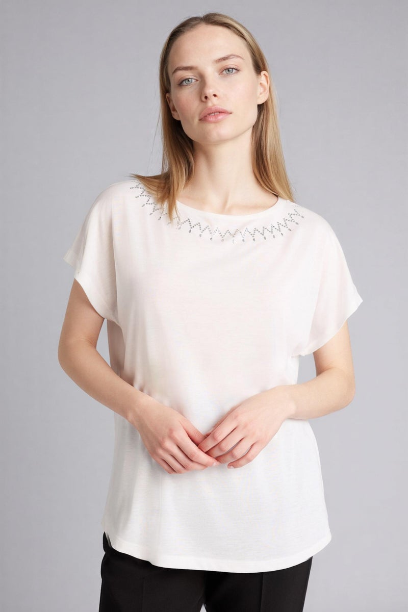 DeFacto White Woman Boat Neck Stone Print Short Sleeve T-Shirt Casual - Image 4