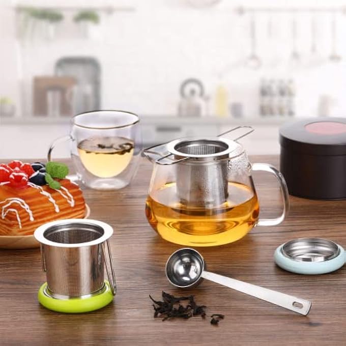 Excefore 2 Pieces Tea Infusers With Tea Scoop Stainless Steel Tea Strainer Folding Handle Tea Filter Fine Mesh Strainer Brewing Basket With Silicone Lid For Loose Leaf Tea - Image 5