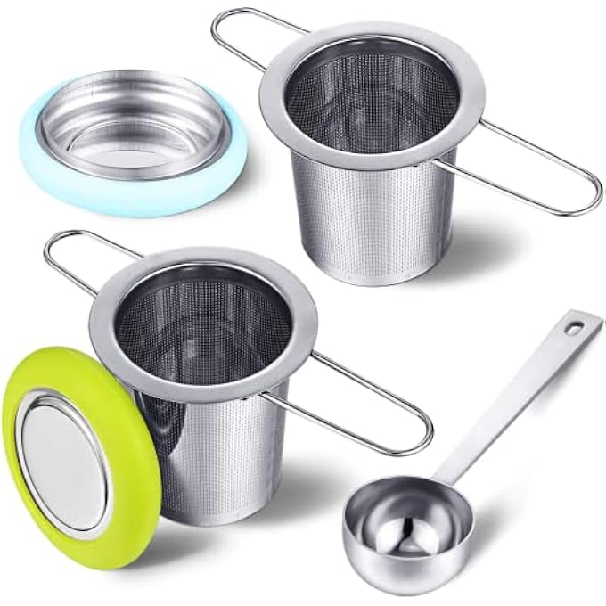 Excefore 2 Pieces Tea Infusers With Tea Scoop Stainless Steel Tea Strainer Folding Handle Tea Filter Fine Mesh Strainer Brewing Basket With Silicone Lid For Loose Leaf Tea - Image 2