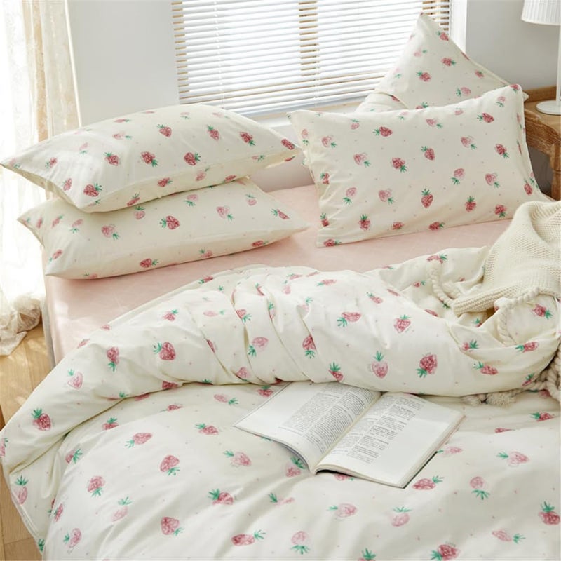 DREAMINGO Cute Strawberry Duvet Cover Queen Teen Girls Bedding Set Kawaii Bedroom Decor Cotton Quilt Cover with Zipper Lightweight 3 Piece Bed Set with 2 Pillow Cases, Cream White - Image 3