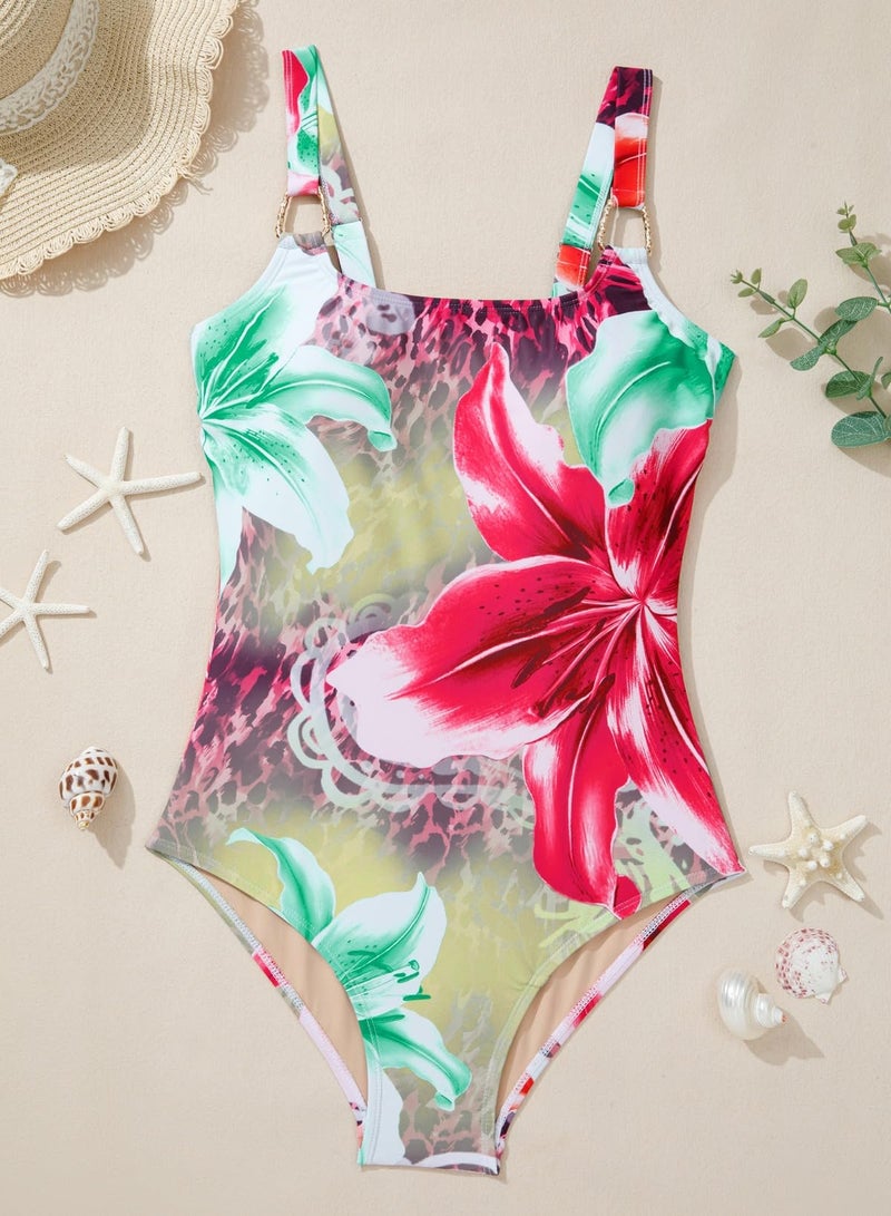 Herseas Women's Metal Ring Wide Straps One Piece Swimsuits Padded Stretchy Floral Print Tummy Control Bathing Suit Casual Beach Outfits for 2026 Summer Large - Image 4