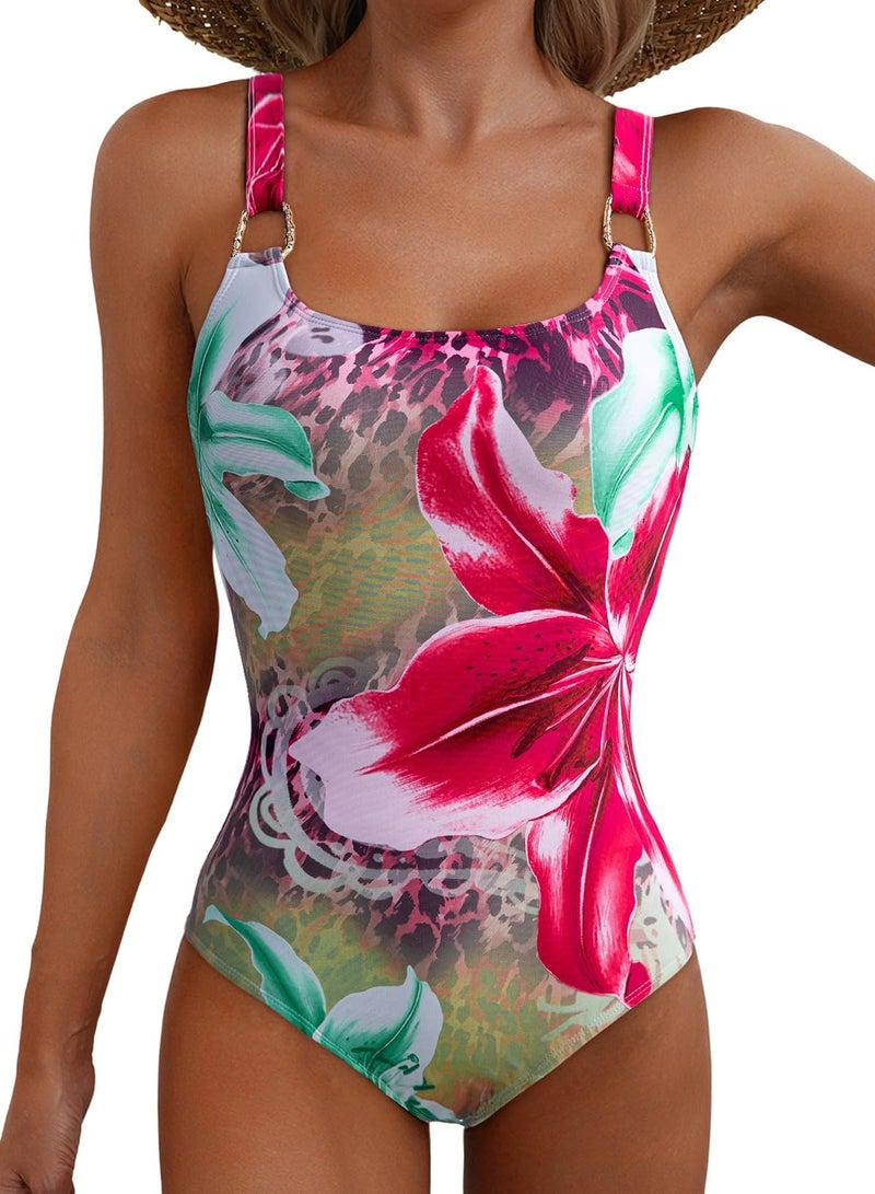 Herseas Women's Metal Ring Wide Straps One Piece Swimsuits Padded Stretchy Floral Print Tummy Control Bathing Suit Casual Beach Outfits for 2026 Summer Large - Image 1