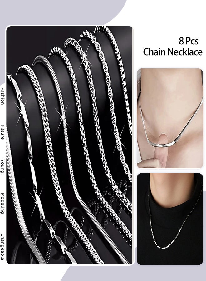 roaiss 8 Pcs Men's Luxury Stainless Steel Chain Necklace Set, DIY Matched with Fashionable Hip-hop Accessories, Suitable for Men Daily Wear and Stylish Look. - Image 1