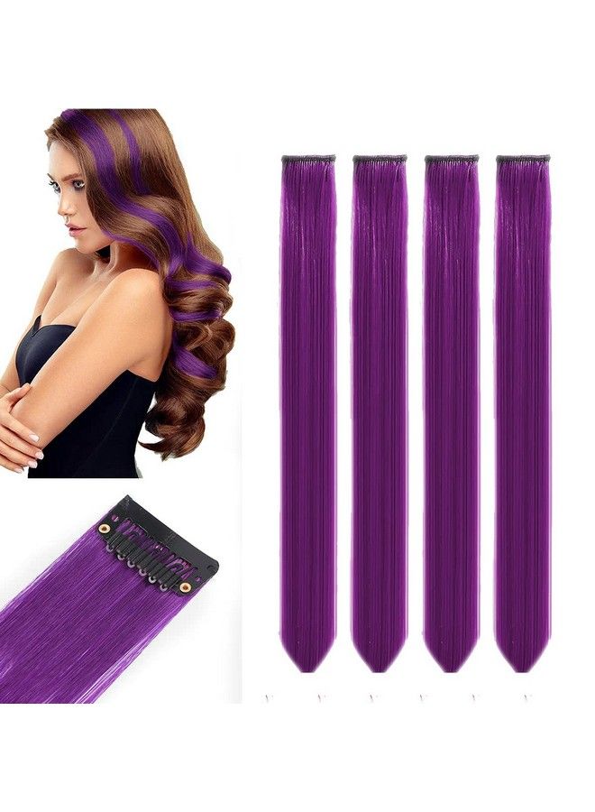 Rapidsflow Straight Colored Hair Streak/Hair Extensions For Women And Girls Real Hair For Highlighting (Set Of 4 Pc) (Purple) - Image 2