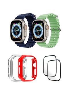 Silicone Ocean Band Strap for Apple Watch Ultra 8 49mm Dark Blue/Mint Green , Case Compatible with Apple Watch Ultra 49mm Silver/Red , 2* pcs Watch glass Set of 6