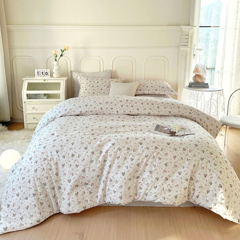 EAVD Vintage Garden Pink Floral Comforter Set Queen Boho Soft Microfiber Chic Cute Floral Bedding Set for Girls Women and 2 Pillowcases Fresh Reversible Botanical Comforter Set for AllSeason