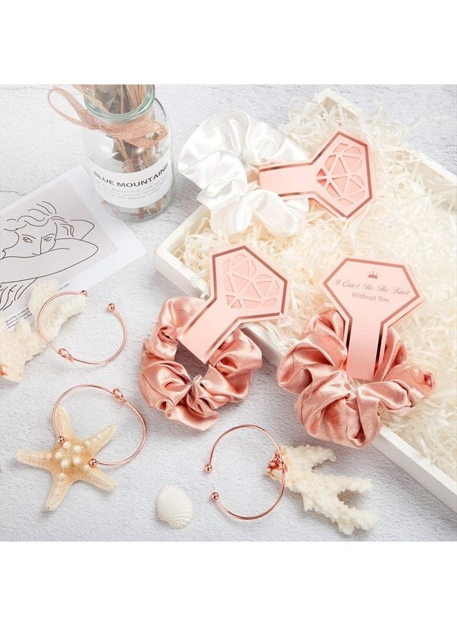WILLBOND 8 Pieces Satin Hair Scrunchies Bridal Shower Scrunchy Hairbands Bachelorette and 8 Pieces Bridesmaid Bracelets with I Can't Tie The Knot Without You Bridesmaid Cards (Rose Gold, White)  - Image 2