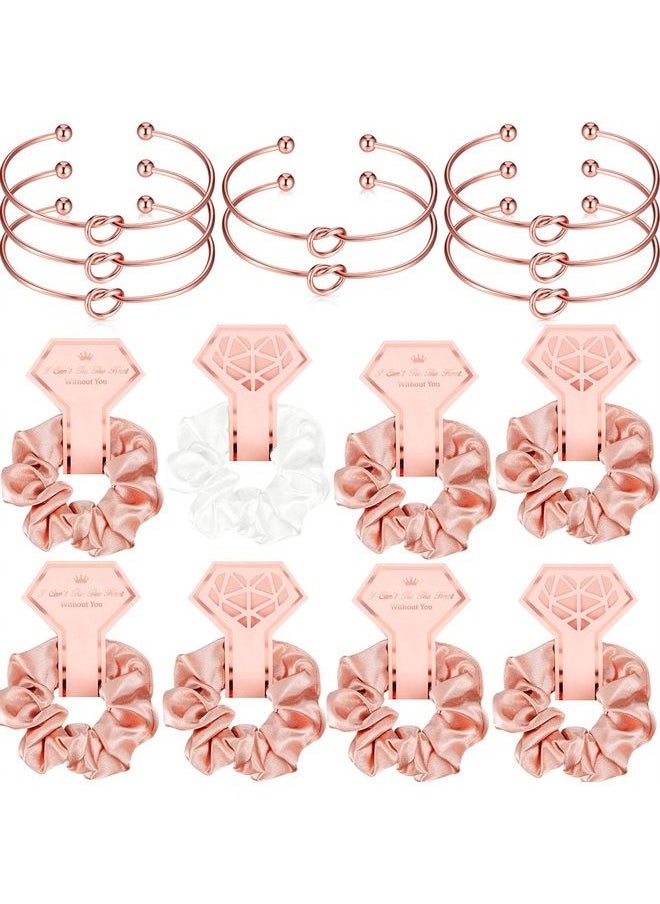 WILLBOND 8 Pieces Satin Hair Scrunchies Bridal Shower Scrunchy Hairbands Bachelorette and 8 Pieces Bridesmaid Bracelets with I Can't Tie The Knot Without You Bridesmaid Cards (Rose Gold, White)  - Image 1